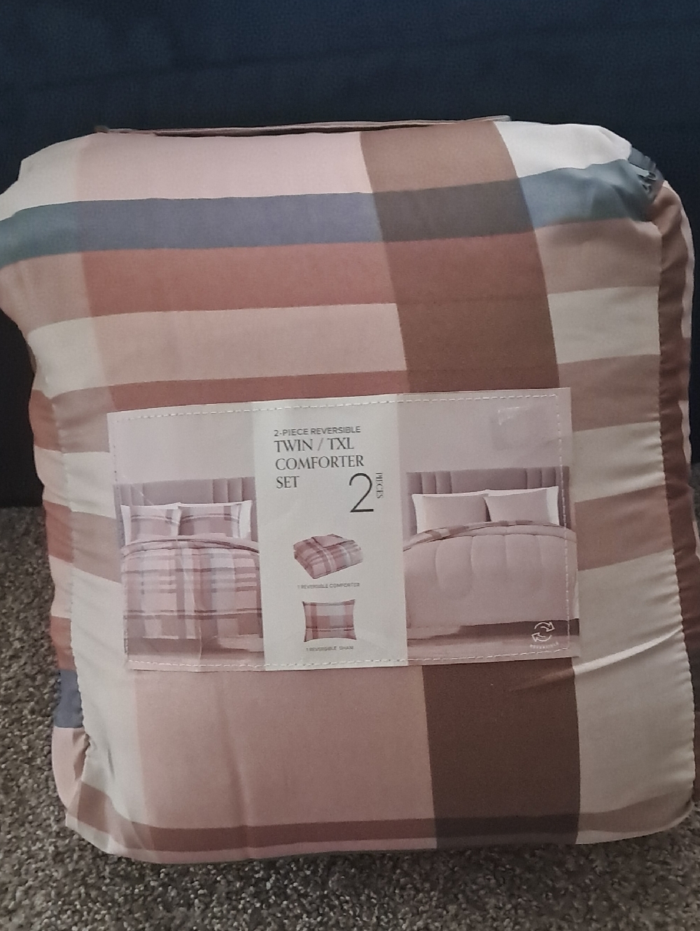 Reversible Twin Comforter Set - Blush Pink and Brown Plaid